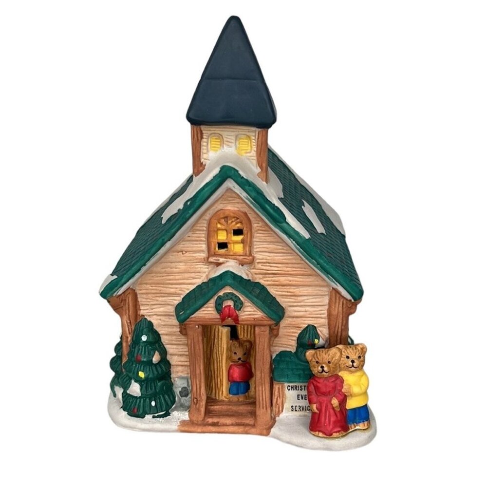 Vintage 1996 North Pole Express Christmas Village Teddy Bear Lighted Church